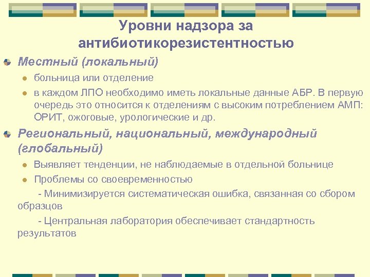 Уровни надзора за антибиотикорезистентностью Местный (локальный) l l больница или отделение в каждом ЛПО