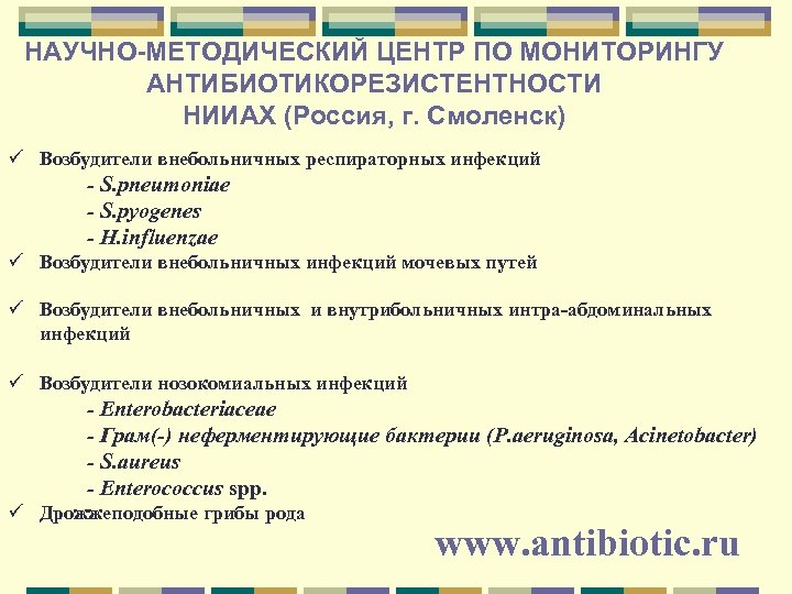 НАУЧНО-МЕТОДИЧЕСКИЙ ЦЕНТР ПО МОНИТОРИНГУ АНТИБИОТИКОРЕЗИСТЕНТНОСТИ НИИАХ (Россия, г. Смоленск) ü Возбудители внебольничных респираторных инфекций