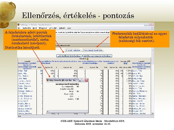 Ellenőrzés, értékelés - pontozás A feladatokra adott pontok listázhatóak, letölthetőek (szerkeszthetők!), sorba rendezhető (név/pont).