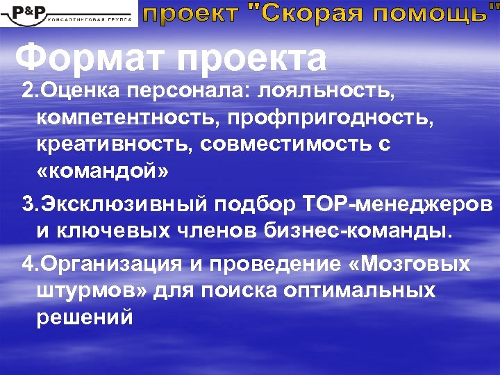 Формат проекта 2. Оценка персонала: лояльность, компетентность, профпригодность, креативность, совместимость с «командой» 3. Эксклюзивный