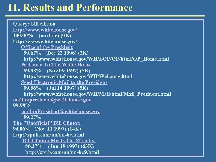 11. Results and Performance Query: bill clinton http: //www. whitehouse. gov/ 100. 00% (no