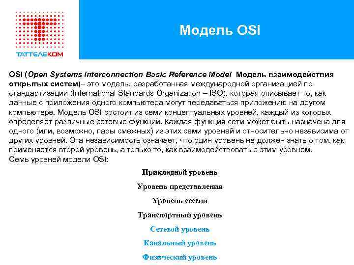 Модель OSI (Open Systems Interconnection Basic Reference Model Модель взаимодействия открытых систем)– это модель,