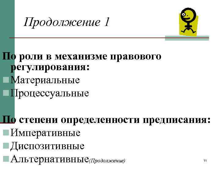 Продолжение 1 По роли в механизме правового регулирования: n Материальные n Процессуальные По степени