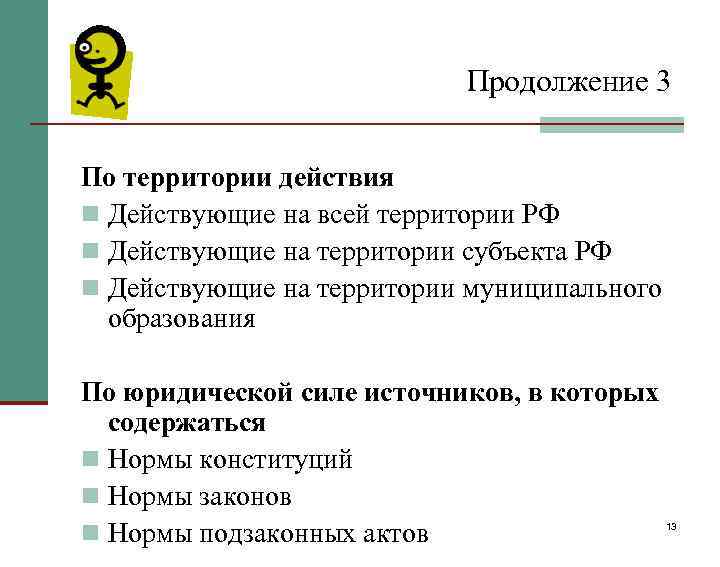 Продолжение 3 По территории действия n Действующие на всей территории РФ n Действующие на