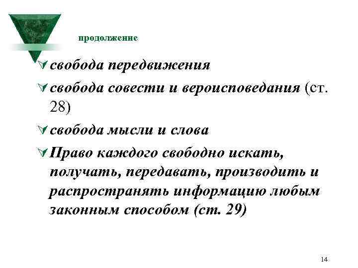 продолжение Ú свобода передвижения Ú свобода совести и вероисповедания (ст. 28) Ú свобода мысли