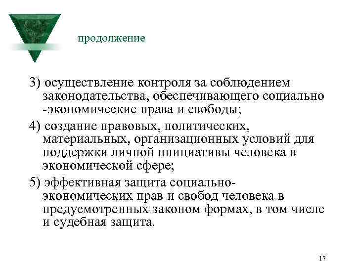 продолжение 3) осуществление контроля за соблюдением законодательства, обеспечивающего социально -экономические права и свободы; 4)