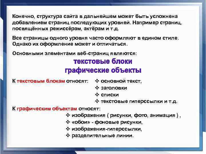 Конечно, структура сайта в дальнейшем может быть усложнена добавлением страниц последующих уровней. Например страниц,