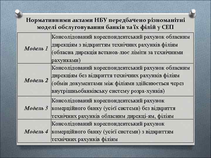 Нормативними актами НБУ передбачено різноманітні моделі обслуговування банків та їх філій у СЕП Консолідований