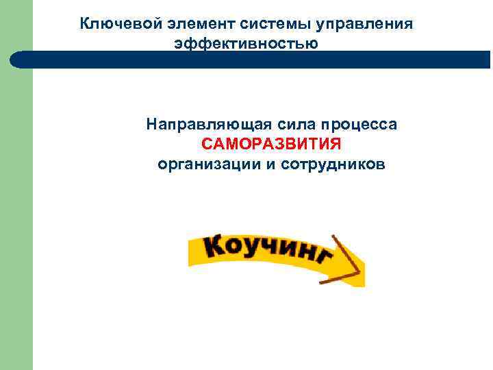 Ключевой элемент системы управления эффективностью Направляющая сила процесса САМОРАЗВИТИЯ организации и сотрудников 
