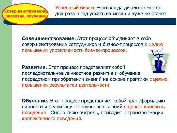 Совершенствование, развитие, обучение Успешный бизнес – это когда директор может два раза в год