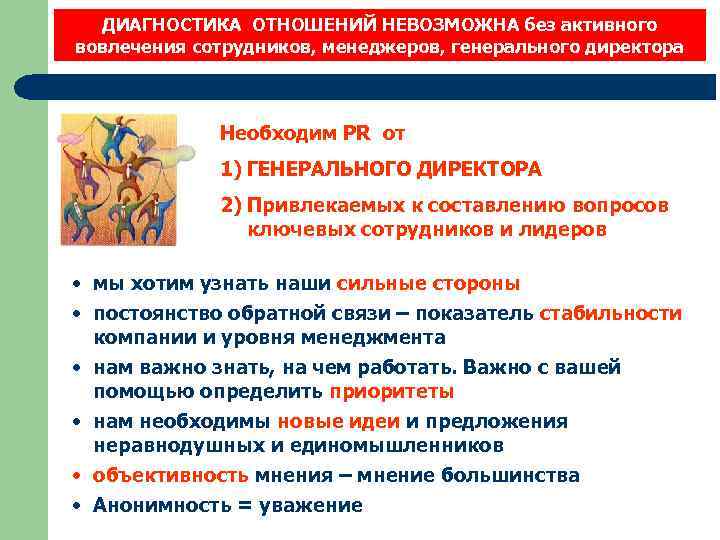 ДИАГНОСТИКА ОТНОШЕНИЙ НЕВОЗМОЖНА без активного вовлечения сотрудников, менеджеров, генерального директора Необходим PR от 1)
