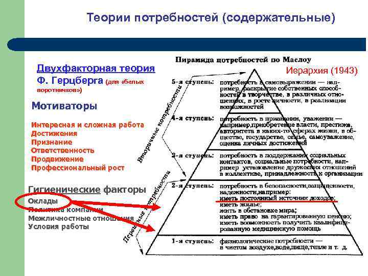 Теории потребностей (содержательные) Двухфакторная теория Ф. Герцберга (для «белых воротничков» ) Мотиваторы Интересная и