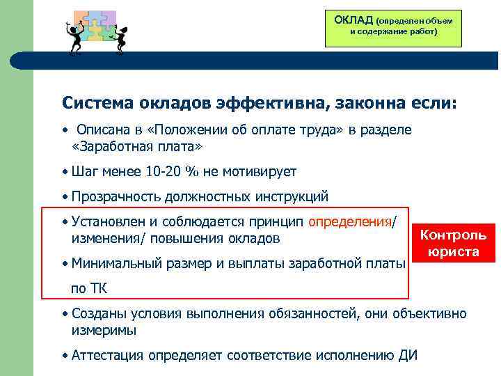 ОКЛАД (определен объем и содержание работ) Система окладов эффективна, законна если: • Описана в