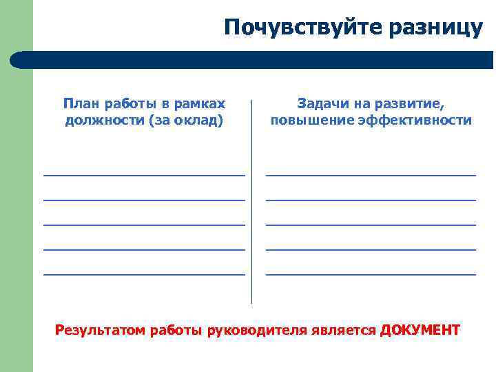Почувствуйте разницу План работы в рамках должности (за оклад) Задачи на развитие, повышение эффективности
