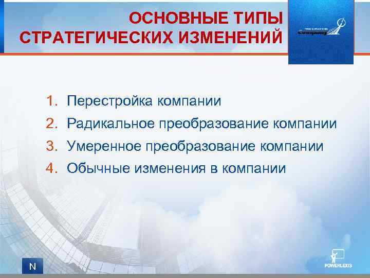 ОСНОВНЫЕ ТИПЫ СТРАТЕГИЧЕСКИХ ИЗМЕНЕНИЙ 1. Перестройка компании 2. Радикальное преобразование компании 3. Умеренное преобразование