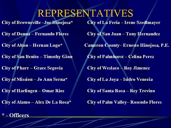 REPRESENTATIVES City of Brownsville –Joe Hinojosa* City of La Feria – Irene Szedlmayer City