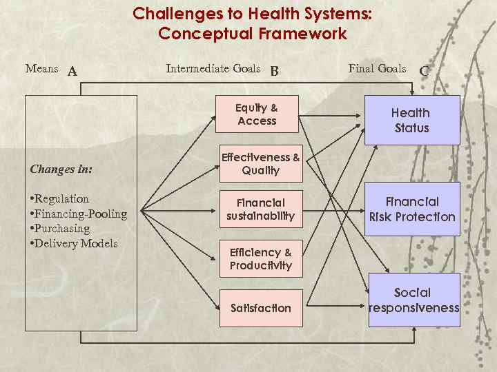 Challenges to Health Systems: Conceptual Framework Means A Intermediate Goals B Equity & Access