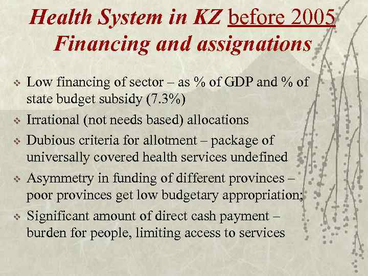 Health System in KZ before 2005 Financing and assignations v v v Low financing