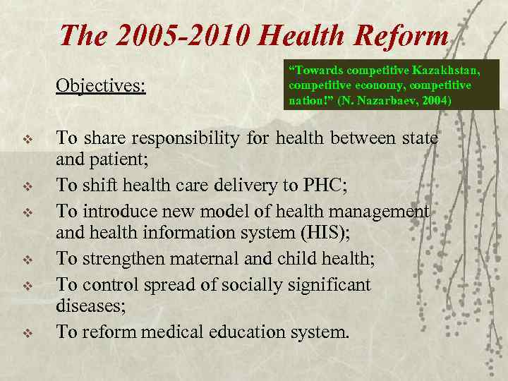 The 2005 -2010 Health Reform Objectives: v v v “Towards competitive Kazakhstan, competitive economy,