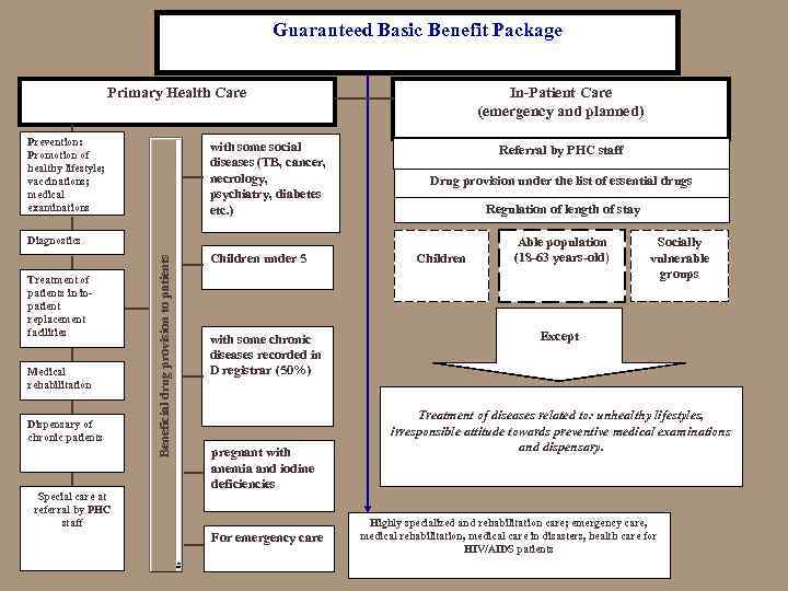  Guaranteed Basic Benefit Package Primary Health Care Prevention: Promotion of healthy lifestyle; vaccinations;