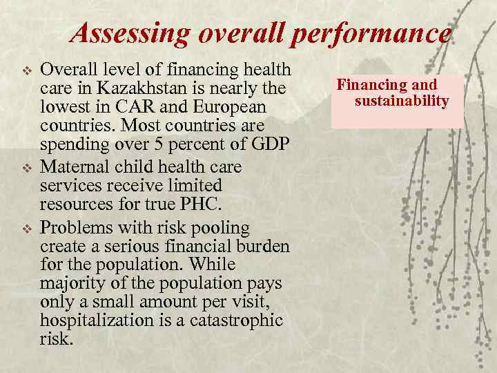 Assessing overall performance v v v Overall level of financing health care in Kazakhstan