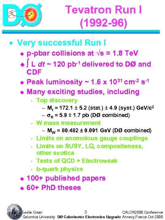 Tevatron Run I (1992 -96) · Very successful Run I u p-pbar collisions at