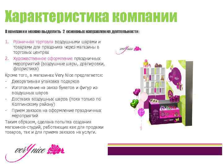 Характеристика компании В компании можно выделить 2 основных направления деятельности: 1. Розничная торговля воздушными