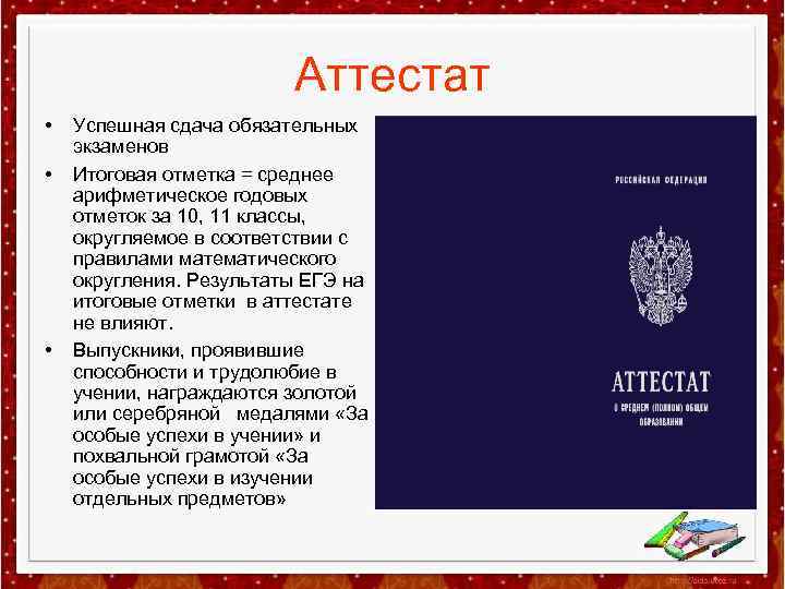 Аттестат • • • Успешная сдача обязательных экзаменов Итоговая отметка = среднее арифметическое годовых