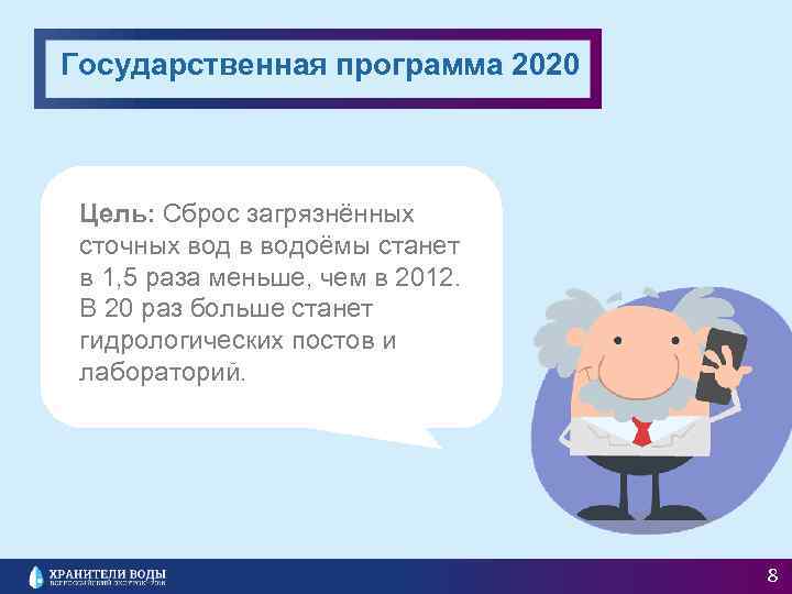 Государственная программа 2020 Цель: Сброс загрязнённых сточных вод в водоёмы станет в 1, 5