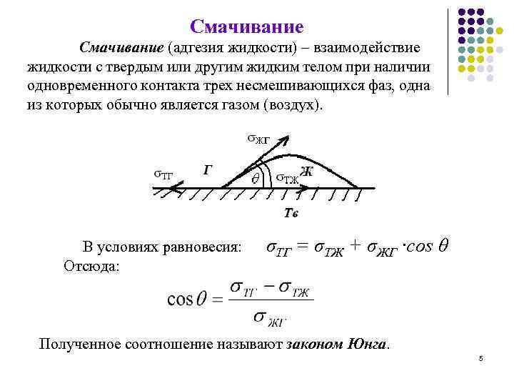 Смачивание (адгезия жидкости) – взаимодействие жидкости с твердым или другим жидким телом при наличии