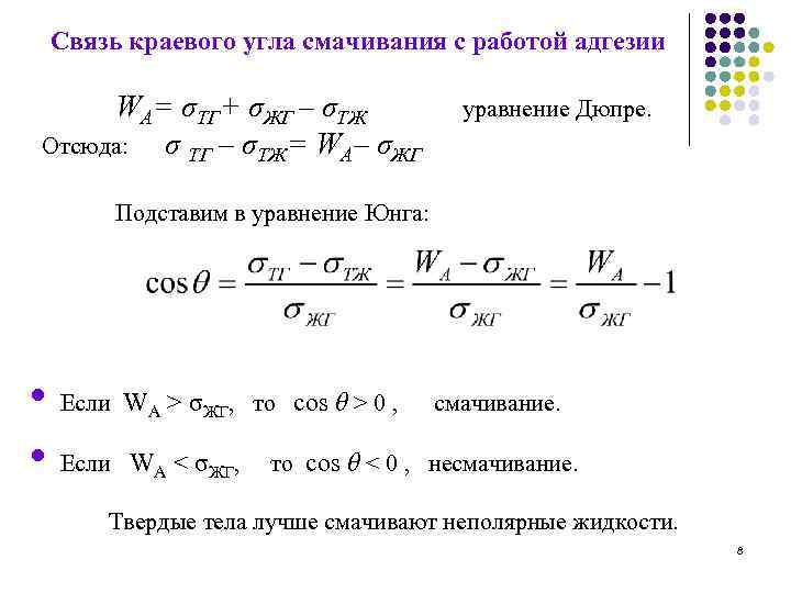 Связь краевого угла смачивания с работой адгезии WA= σТГ+ σЖГ – σТЖ Отсюда: σ