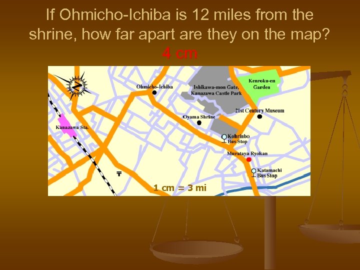If Ohmicho-Ichiba is 12 miles from the shrine, how far apart are they on