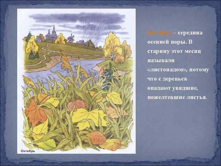 Октябрь – середина осенней поры. В старину этот месяц называли «листопадом» , потому что