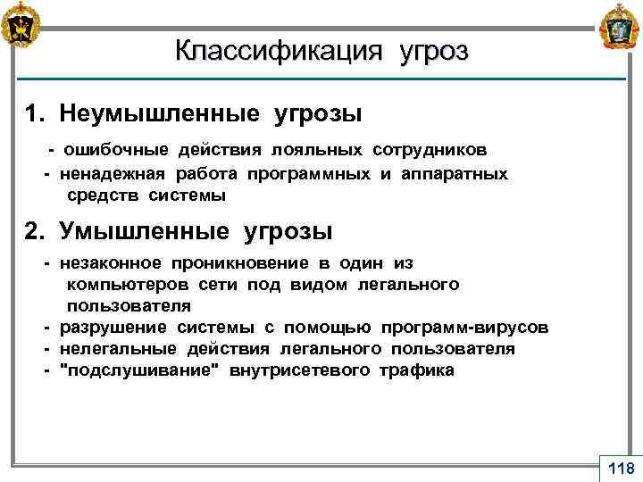 Классификация угроз 1. Неумышленные угрозы - ошибочные действия лояльных сотрудников - ненадежная работа программных