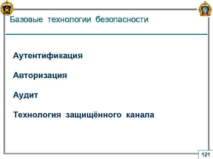 Базовые технологии безопасности Аутентификация Авторизация Аудит Технология защищённого канала 121 