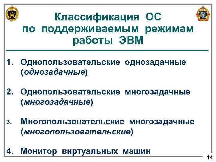 Классификация ОС по поддерживаемым режимам работы ЭВМ 1. Однопользовательские однозадачные (однозадачные) 2. Однопользовательские многозадачные