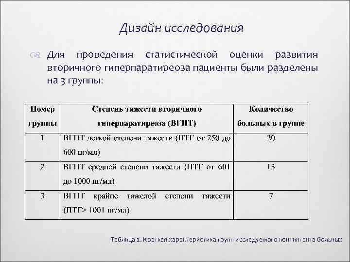 Дизайн исследования Для проведения статистической оценки развития вторичного гиперпаратиреоза пациенты были разделены на 3