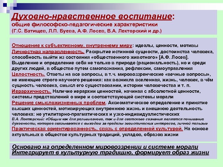 Духовно-нравственное воспитание: общие философско-педагогические характеристики (Г. С. Батищев, Л. П. Буева, А. Ф. Лосев,