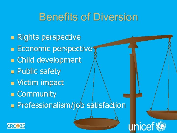 Benefits of Diversion n n n Rights perspective Economic perspective Child development Public safety