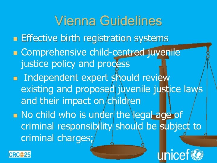Vienna Guidelines n n Effective birth registration systems Comprehensive child-centred juvenile justice policy and