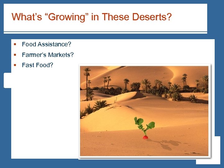 What’s “Growing” in These Deserts? § Food Assistance? § Farmer’s Markets? § Fast Food?