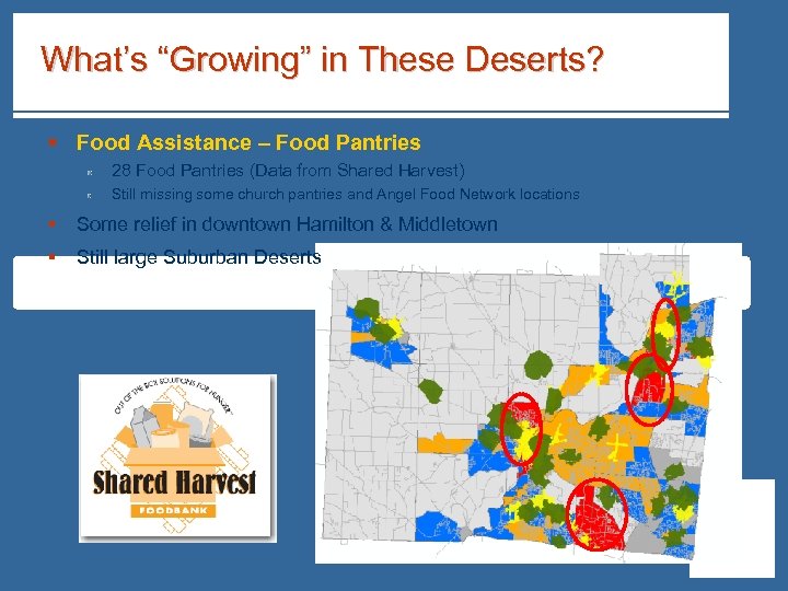 What’s “Growing” in These Deserts? § Food Assistance – Food Pantries 28 Food Pantries