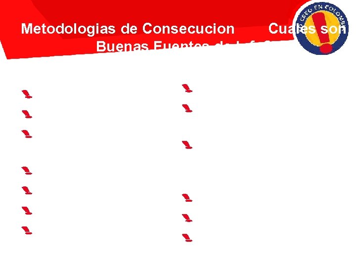 Metodologias de Consecucion Cuales son Buenas Fuentes de Info? Clientes Proveedores Depto de mercadeo