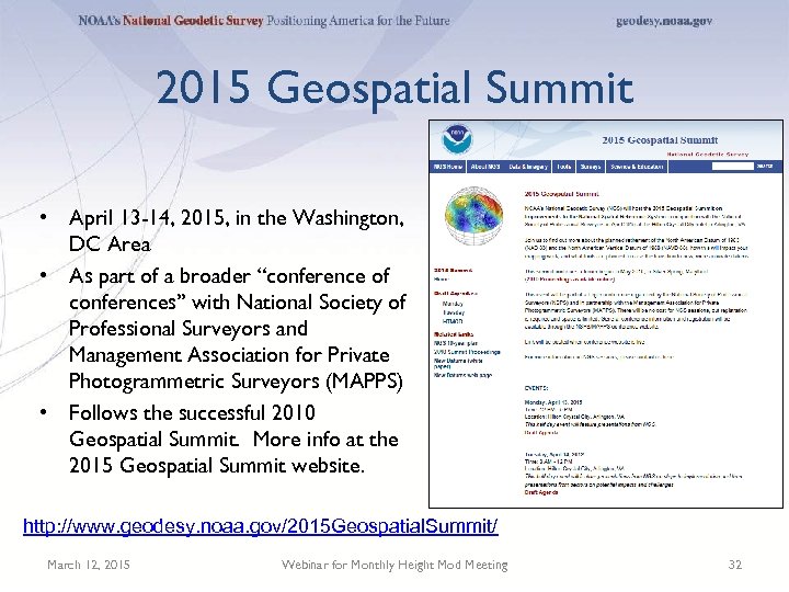 2015 Geospatial Summit • April 13 -14, 2015, in the Washington, DC Area •