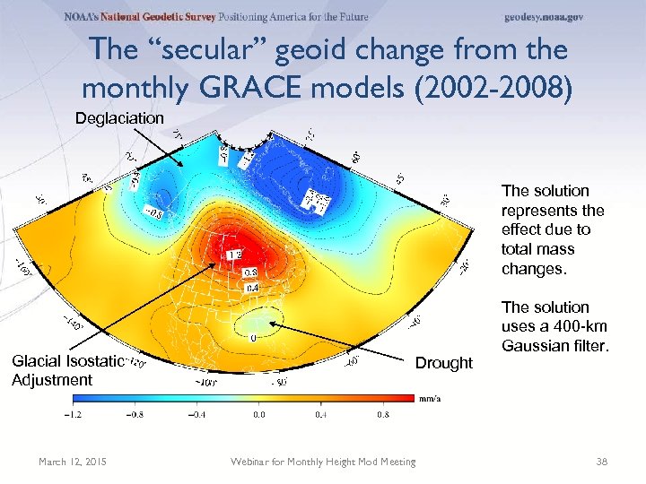 The “secular” geoid change from the monthly GRACE models (2002 -2008) Deglaciation The solution