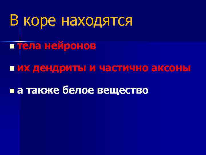 В коре находятся n тела нейронов n их дендриты и частично аксоны n а