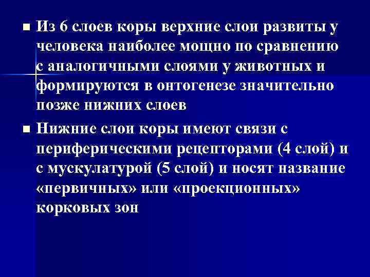 Из 6 слоев коры верхние слои развиты у человека наиболее мощно по сравнению с