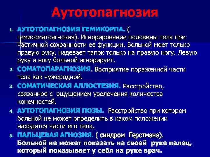 Аутотопагнозия 1. 2. 3. 4. 5. АУТОТОПАГНОЗИЯ ГЕМИКОРПА. ( гемисоматоагнозия). Игнорирование половины тела при
