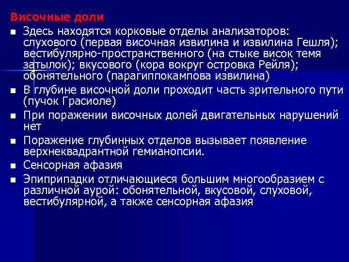 Височные доли n Здесь находятся корковые отделы анализаторов: слухового (первая височная извилина и извилина