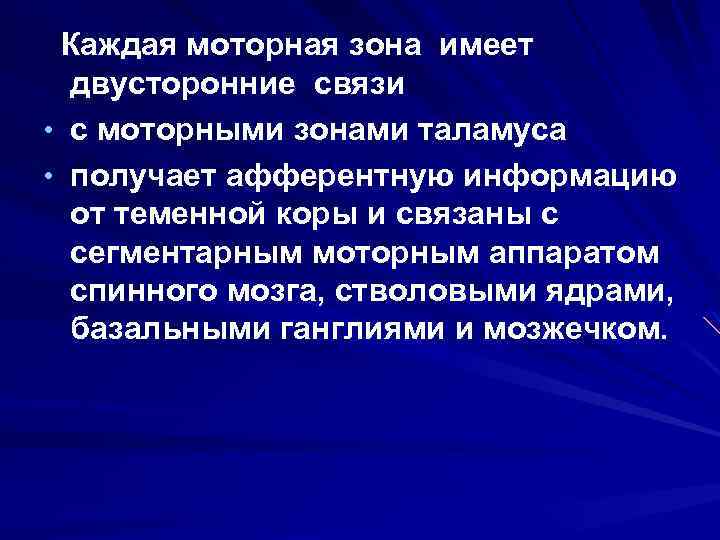 Каждая моторная зона имеет двусторонние связи • с моторными зонами таламуса • получает афферентную